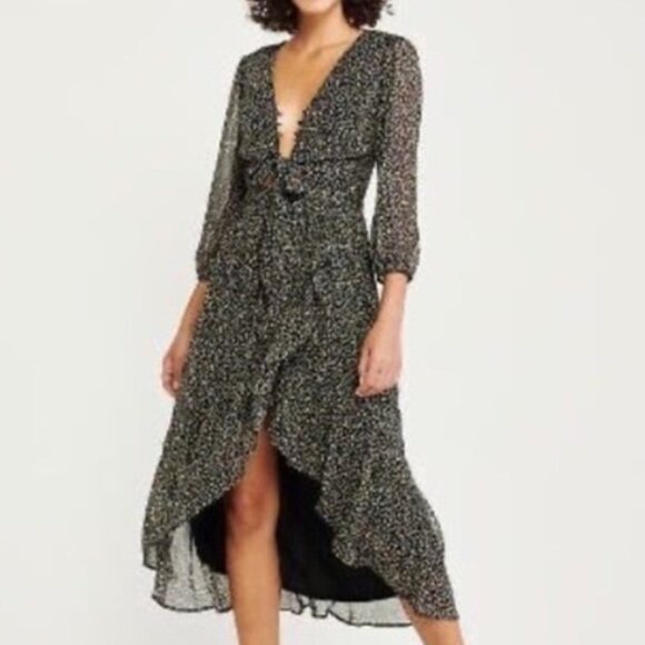Abercrombie & Fitch Women's Small Floral Black Midi Dress V Neck 3/4 Sleeve Boho - Picture 1 of 4